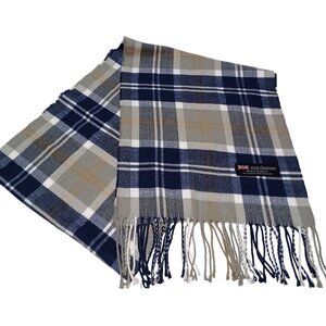 100% Cashmere Scarf Neck Warmer Made in Scotland Gray Blue Plaid 64x13 Heritage